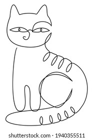 Pet. Cat in modern trendy style with one line. Solid line, outline for decor, posters, stickers, logo. Vector illustration.