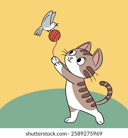 Pet cat playing with birds