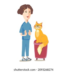 Pet cat receiving Reiki treatment from practitioner. Alternative medicine for pets. Happy cat. Veterinary. Ginger cat, pet doctor. Isolated, vector illustration