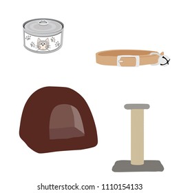 Pet cat shop accessories. Set of pet supplies. Isolated collection of cat products.