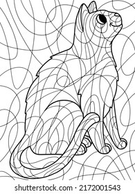 Pet cat, sits and looks up. Page outline of cartoon. Vector illustration. Zen-tangle style. Hand draw