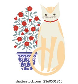 Pet cat sitting in front of a flower pot,clipart element vector image,retro style