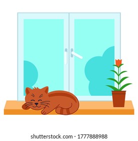 С gato de mascota es dormir en la ventana. Diseño plano. Aislado sobre fondo blanco. Ilustración vectorial.