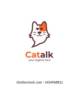 pet cat talk logo, yellow head cat in bubble speak talk shape with love amour eyes logo icon illustration