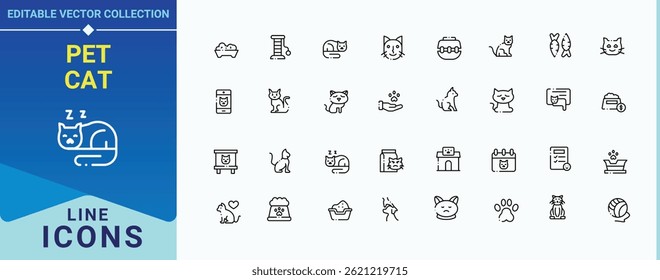 Conjunto de iconos de Vector de gato mascota. Con gatito, gatito, animal, doméstico, mascota, mascotas y más. Colección de iconos lineales de Cat. Colección de iconos vectoriales. Colecciones de trazo editables.