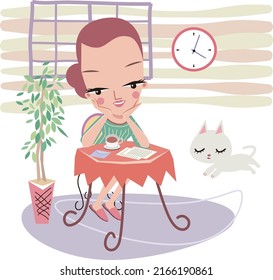 A pet cat walks behind a woman lost in thought with a letter spread out on the living room table.vector illustration