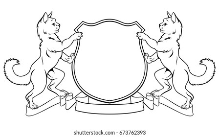 Pet cats crest coat of arms heraldic shield  with cat on each side flanking rampant on hind legs