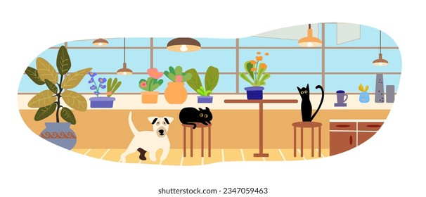 Pet cats and dogs in home apartment. Happy domestic animals flat vector illustration. Interior. Friendship, love for pet concept for banner, website design or landing web page