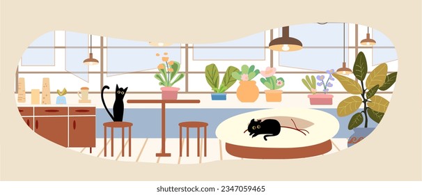 Pet cats and dogs in home apartment. Happy domestic animals flat vector illustration. Interior. Friendship, love for pet concept for banner, website design or landing web page