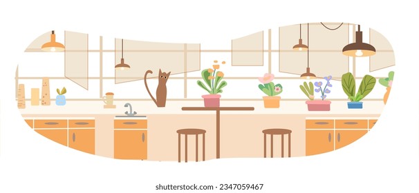 Pet cats and dogs in home apartment. Happy domestic animals flat vector illustration. Interior. Friendship, love for pet concept for banner, website design or landing web page