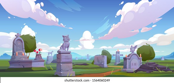 Pet cemetery, animal graveyard with tombstones, grave tombs with cat and dog monuments, cracked crosses with rip signature, extinguished candles and flowers. on green grass Cartoon vector illustration