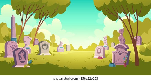 Pet cemetery day landscape, tombstone with footprint inscription and animal monument, cartoon vector. Gravestones, obelisk, ossuary or crypt with cats and dogs figures on green grass lawn background