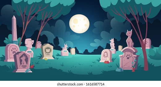 Pet cemetery with memorial tombstones, graves for dead dogs and cats. Vector cartoon night landscape with graveyard for burial animals after death. Spooky illustration for Halloween card