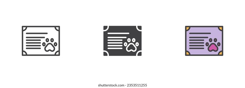 Conjunto de iconos de estilos diferentes para el certificado de mascota. Línea, glifo y contorno relleno versión colorida, contorno y signo vectorial relleno. Símbolo, ilustración del logotipo. Gráficos vectoriales