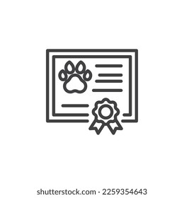 Pet Certificate line Icon. lineares Stilzeichen für mobiles Konzept und Webdesign. Bescheinigung mit Umriss-Vektorsymbol für Tierpflaster. Symbol, Logo-Abbildung. Vektorgrafik