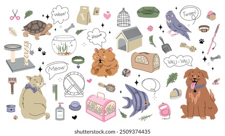 pet characters and accessories vector set. various items and equipment for home pets. playing toys and supplies. pet shop. editable stroke