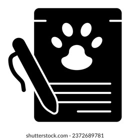 Pet checklist and pen solid icon, animal hospital concept, Veterinary pet health card sign on white background, Medical clipboard with paw icon in glyph style for mobile. Vector graphics