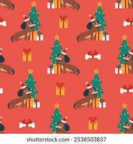 Pet Christmas Seamless Pattern with Dachshund Dog Tree Gift. Bright vintage background with cute puppy and traditional Xmas Holidays symbols in cartoon flat style. Repeat vector illustration