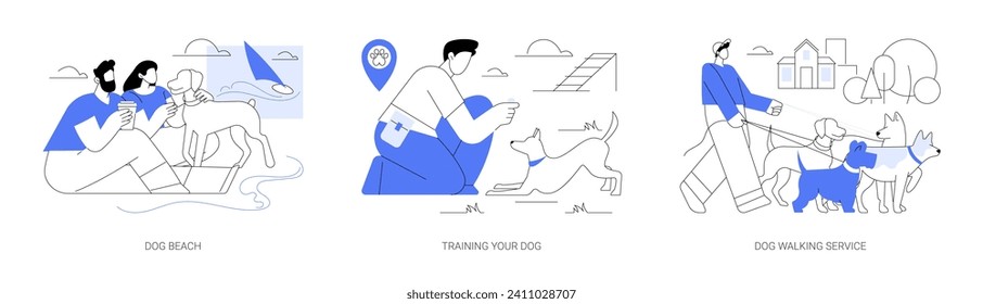 Pet in the city isolated cartoon vector illustrations set. Dog beach, training your dog, pet walking service, puppy on a leash, animal owner leisure time, pet care services vector cartoon.