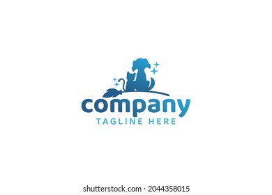 pet cleaning service logo vector graphic wit a combination of a dog, cat, broom and sparkles for any business.