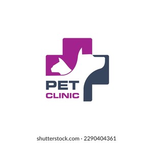 Pet clinic emblem. Domestic animal veterinary clinic, kitty veterinarian hospital or kitten medical service vector sign. Puppy vet doctor symbol or icon with cat and dog silhouettes in cross