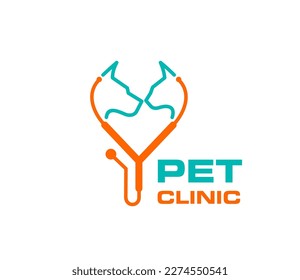 Icono de clínica de mascotas de cabezas de perro y gato con estetoscopio veterinario. Medicina veterinaria y símbolo vector de cuidado animal para el hospital veterinario, tienda de mascotas y centro médico. Siluetas aisladas de perros y gatos