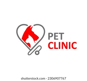 Pet clinic icon with vector dog and cat animal heads in heart frame of veterinarian stethoscope. Pet care and veterinary medicine isolated red symbol for vet hospital and animal care clinic