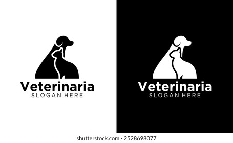 Plantilla del diseño del logotipo de la clínica del animal doméstico. Silueta del Vector del gato y del perro