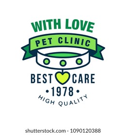 Pet clinic, with love, best care since 1978 logo template design, green badge for company identity, label for veterinary clinic and animal shelter vector Illustration on a white background