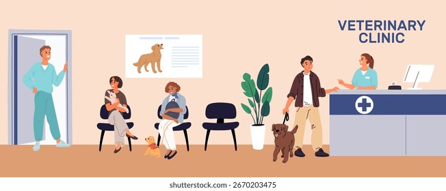 Sala de recepção da clínica de animais. Pessoas com gatos e cachorros esperando para ver um médico. Nomeação de veterinário. Saguão do hospital veterinário. Recepcionista no balcão de registro do veterinário. Fila de proprietários. Conceito de vetor