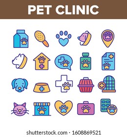 Pet Clinic Veterinary Collection Icons Set Vector Thin Line. Dog Paw On Heart And Medical Cross, Birdcage And Cell, Clinic Equipment Concept Linear Pictograms. Color Contour Illustrations