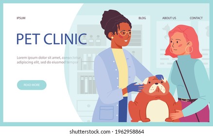 Pet clinic website banner with characters of owner and dog at appointment of veterinarian. Veterinary clinical medical help landing page design, flat vector illustration.