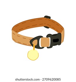 Pet collar featuring a brown strap, black quick release buckle, and an attached plain yellow identification tag, representing animal ownership, safety, and pet accessories