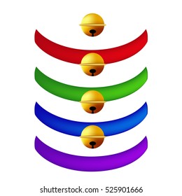 Pet Collar with Golden Ball Collection. Red, Green, Blue, Purple Belts. isolated on White Background. Vector Illustration.