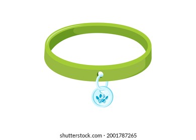 Pet collar with silver pendant. Green animal collar for dogs and cats. Vector illustration in cute cartoon style