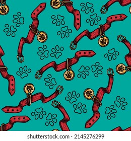 Pet collar sketch vector seamless pattern