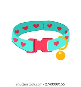 Pet collar with a teal strap and pink quick release buckle featuring red heart patterns, completing the design with a shiny gold d ring and a circular identification tag