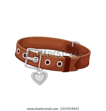 Pet collar vector illustration. Cartoon isolated leather belt with buckle, stud and metal heart locket on chain, brown strap collar and necklace for dog or cat, veterinary accessory for animals