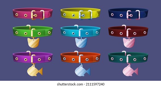 Pet collars with id tags for cat or dog neck. Vector cartoon set of leather belts with buckle and gold, silver and metal badge in shape fish or cat. Domestic animal accessories isolated on background