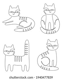 Pet collection. Cat in modern trendy style with one line. Solid line, outline for decor, posters, stickers, logo. Vector illustration set.