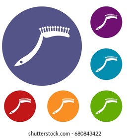 Pet comb icons set in flat circle red, blue and green color for web