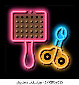 Pet Comb y Scissors vector de signos de neón. Icono brillante de Combo de mascota y tijeras. ilustración de símbolo transparente