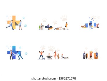 Pet companion set. Activities with cats, dogs and rabbit at home, visiting veterinary, dog show. Flat vector illustrations. Animal care concept for banner, website design or landing web page
