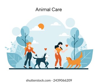 Pet Companionship concept. Joyful moments in pet care and outdoor play. Women sharing love with their faithful dogs in a serene park setting. Vector illustration