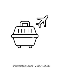 Contenedor para mascotas y avión. Transporte seguro de animales, transporte aéreo seguro. Icono de Vector perfecto de píxeles