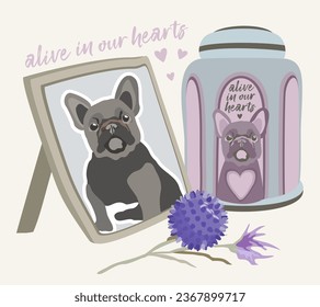 Pet cremation. Photo of lovely dog, cremation urn, toy ball and flower. Vector isolated illustration with lettering.