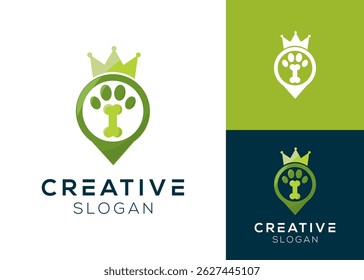 Pet crown location logo. Paw with crown and pin location logo design