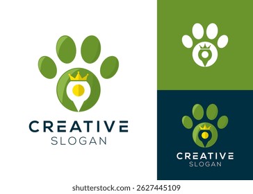 Pet crown location logo. Paw with crown and pin location logo design