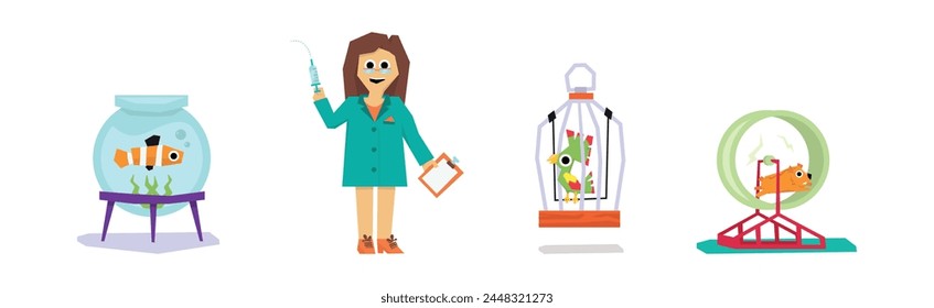 Pet Cure and Medical Treatment with Animal at Veterinary Vector Set