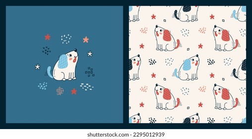 Pet. Cute Dog Set. Seamless Pattern and Poster with Little Puppy. Vector Childish Background. Baby Funny Animal. Great Kids Fashion T-shirt Print Design, Nursery Wallpaper